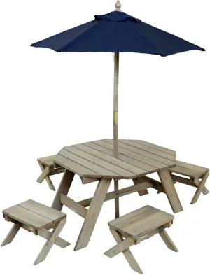 KidKraft Wooden Octagon Table, Stools & Umbrella Set, Kids’ Outdoor Furniture, Barnwood Gray & Navy