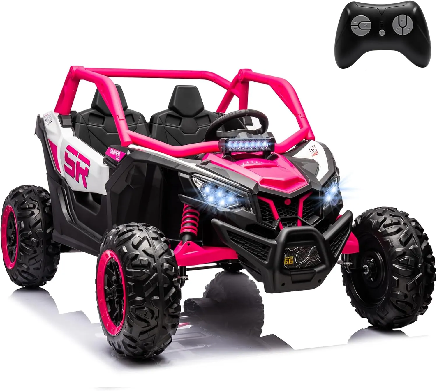 Kids 24V Ride On Truck,4 Wheeler, Kids Electric UTV, Battery Powered Toy Car Spring Suspension, Bluetooth, Remote Control, 2 Speeds, LED Lights- Pink