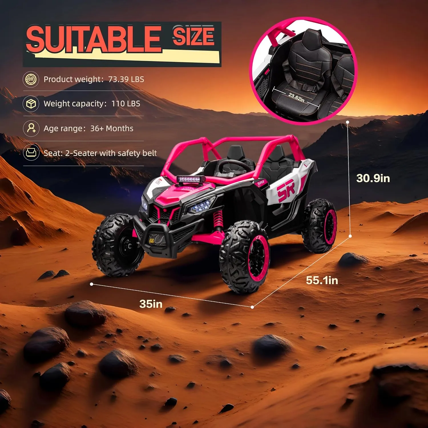 Kids 24V Ride On Truck,4 Wheeler, Kids Electric UTV, Battery Powered Toy Car Spring Suspension, Bluetooth, Remote Control, 2 Speeds, LED Lights- Pink