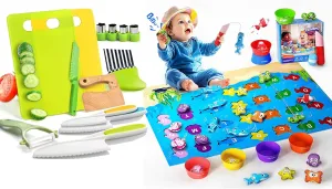 Kids Cooking Set for Real & Cloth Fishing Toys-Safe Pretend Play Cutting Food & Fishing Game for Toddlers, Montessori Learning Toys for Preschool Boys & Girls Ages 3-8