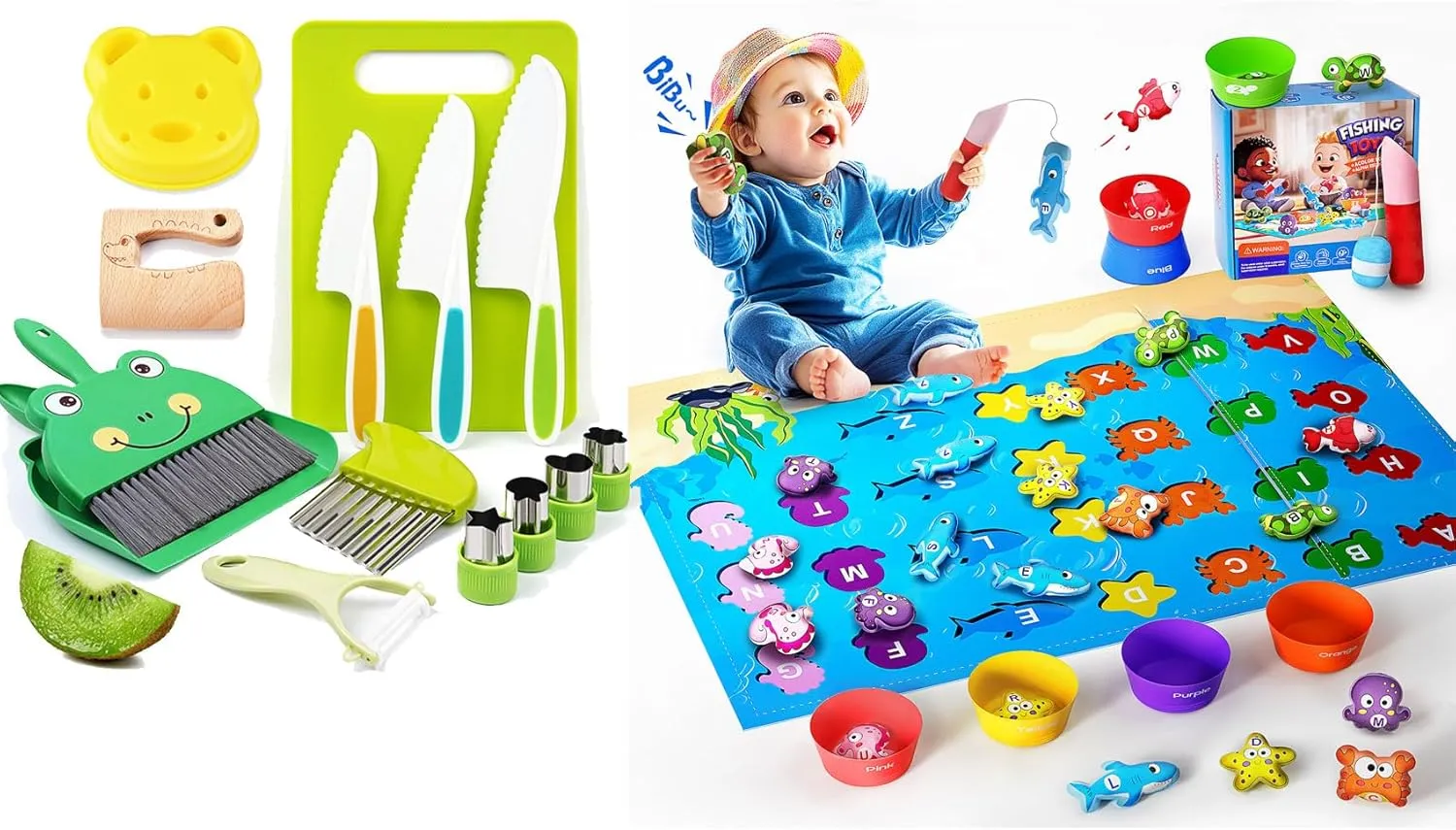 Kids Cooking Set for Real & Cloth Fishing Toys-Safe Pretend Play Cutting Food & Fishing Game for Toddlers, Montessori Learning Toys for Preschool Boys & Girls Ages 3-8