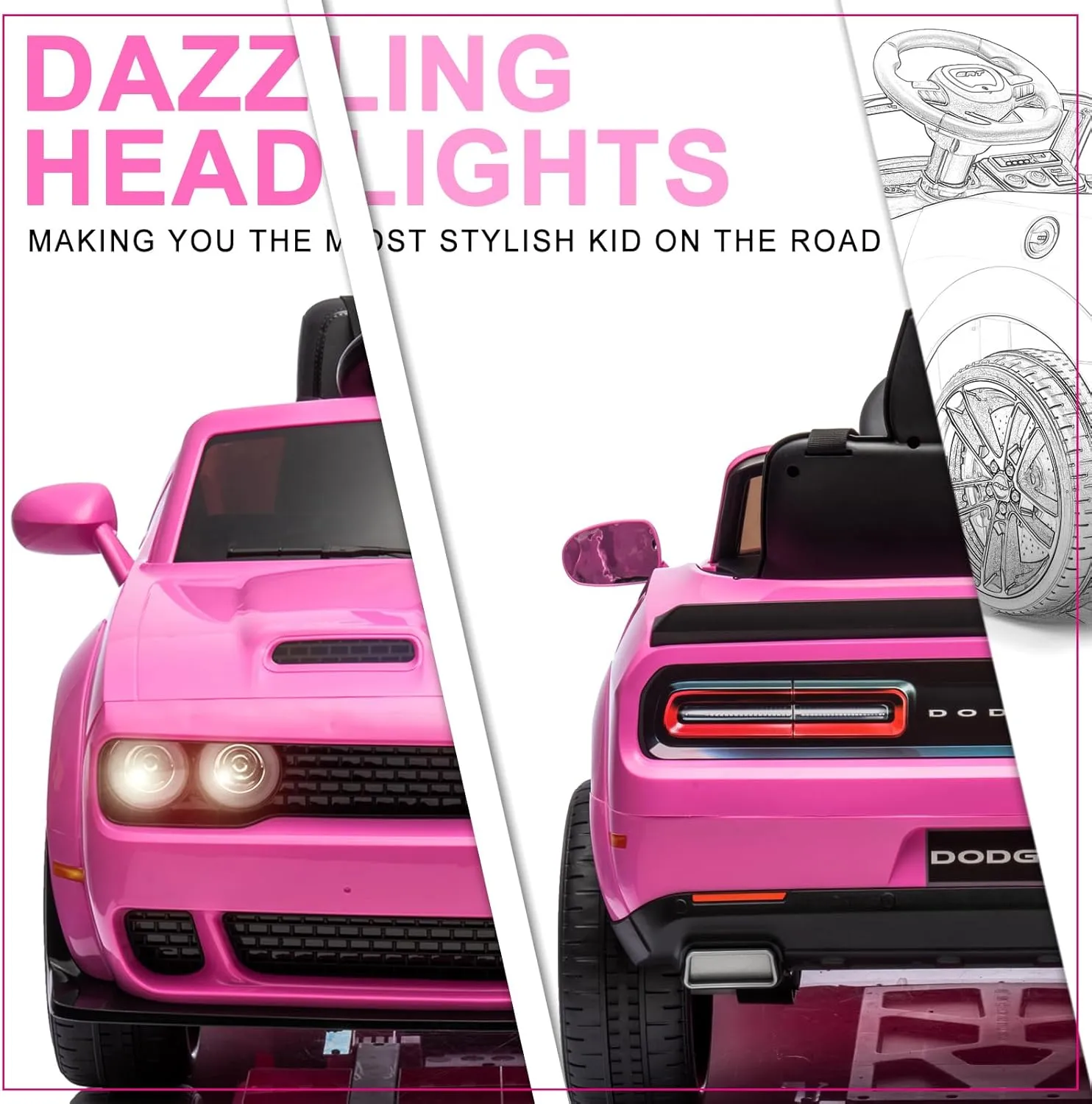 Kids Electric Car | Licensed Dodge Challenger 12V Ride-On | Battery-Powered Vehicle with Remote Control, LED Lights, Bluetooth, and MP3 | Ideal for Boys and Girls