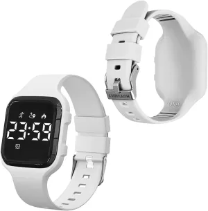 Kids Fitness Pedometer with LED Sports Watch - Step Counter, Timer, Calories, Distance, 2 Alarm Clocks, 21 Days Battery Life, Rechargeable for Boy & Girl Kids