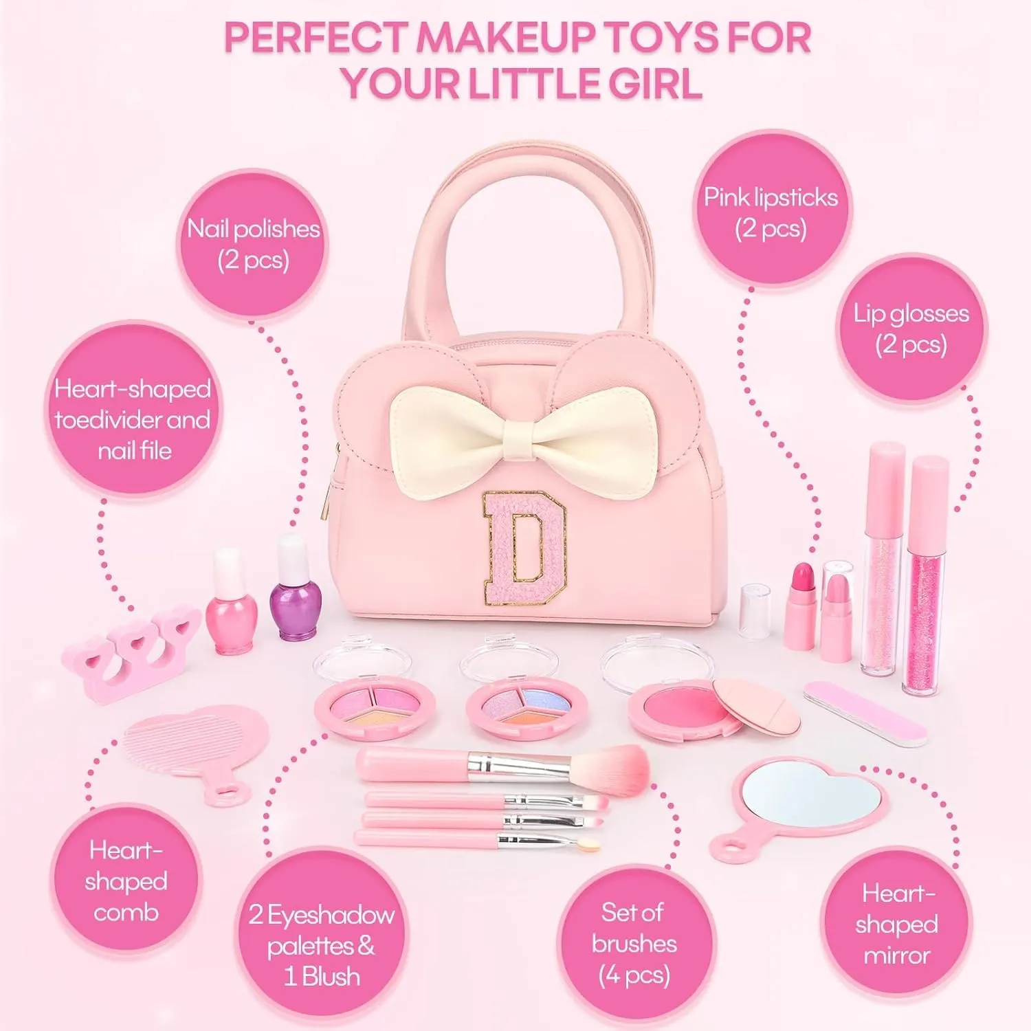 Kids Real Makeup Kit for Girls - 18Pcs Non-Toxic Washable Make Up Toys with Initial Toddler Purse - Personalized Birthday Gifts for Age 3 4 5 6 7 8 9 10 Years Old Girls Vanity Set - D
