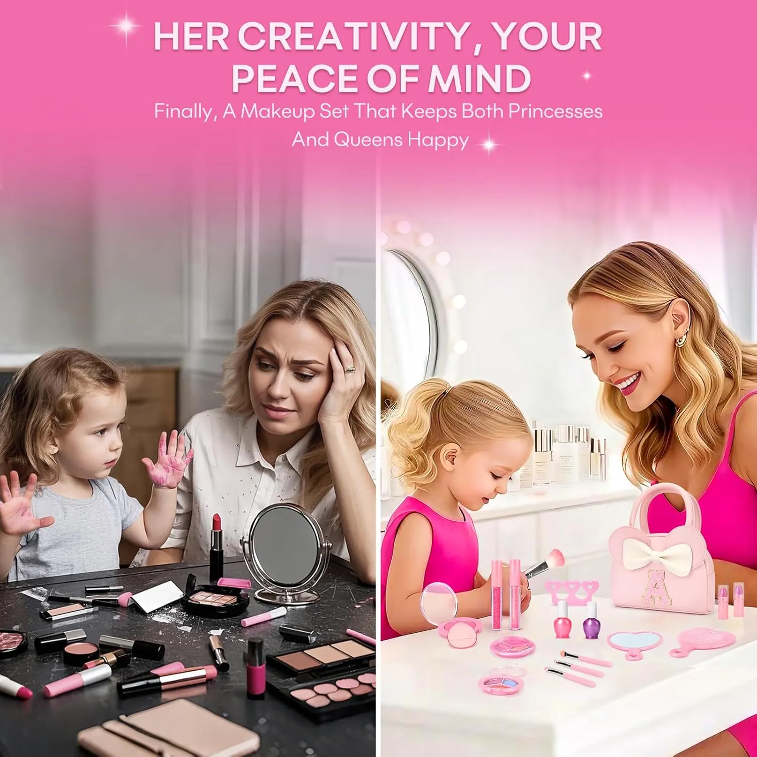 Kids Real Makeup Kit for Girls - 18Pcs Non-Toxic Washable Make Up Toys with Initial Toddler Purse - Personalized Birthday Gifts for Age 3 4 5 6 7 8 9 10 Years Old Girls Vanity Set - D