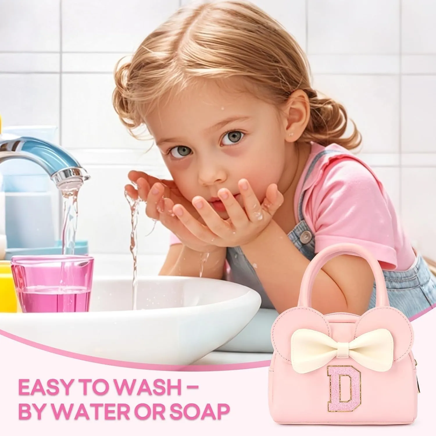 Kids Real Makeup Kit for Girls - 18Pcs Non-Toxic Washable Make Up Toys with Initial Toddler Purse - Personalized Birthday Gifts for Age 3 4 5 6 7 8 9 10 Years Old Girls Vanity Set - D