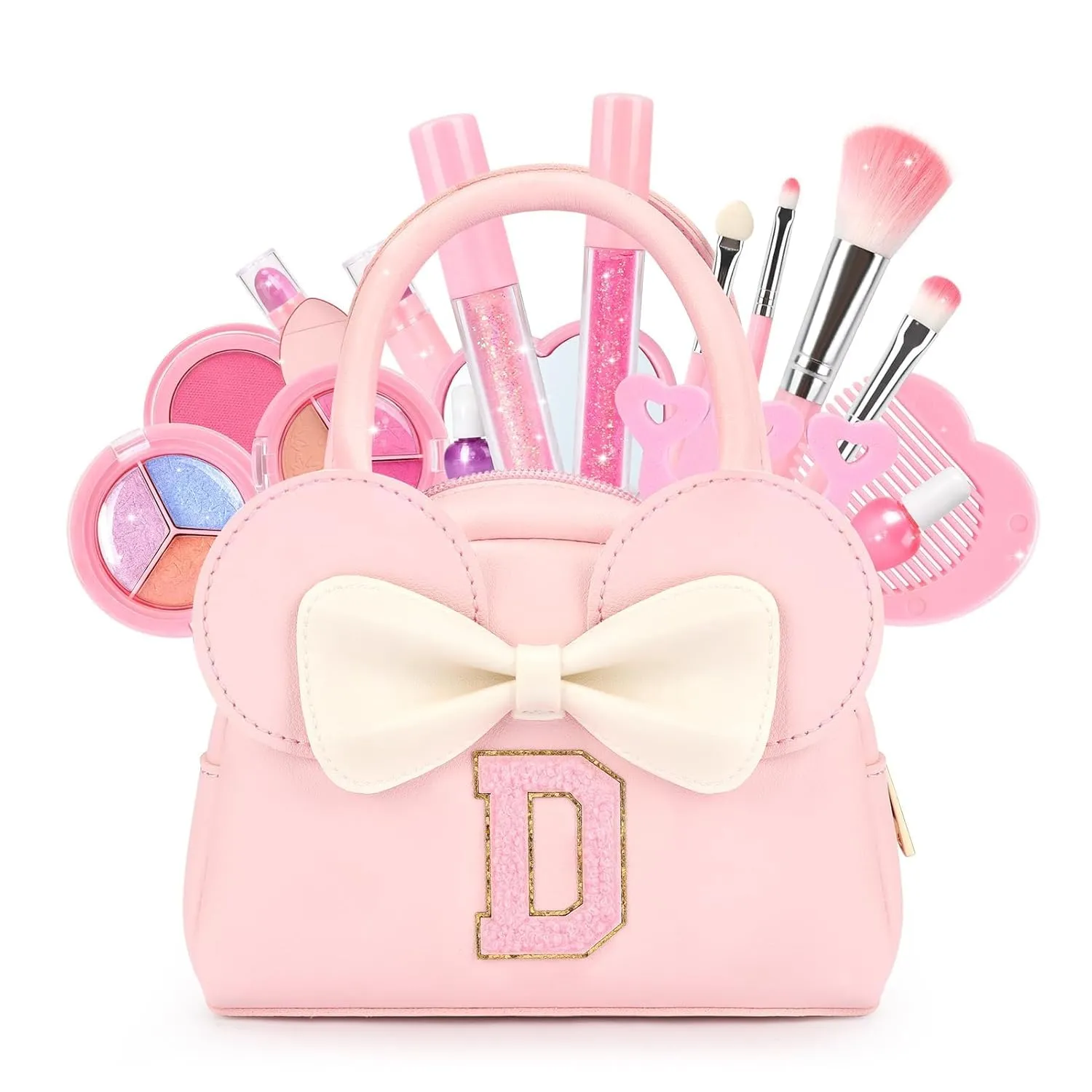 Kids Real Makeup Kit for Girls - 18Pcs Non-Toxic Washable Make Up Toys with Initial Toddler Purse - Personalized Birthday Gifts for Age 3 4 5 6 7 8 9 10 Years Old Girls Vanity Set - D