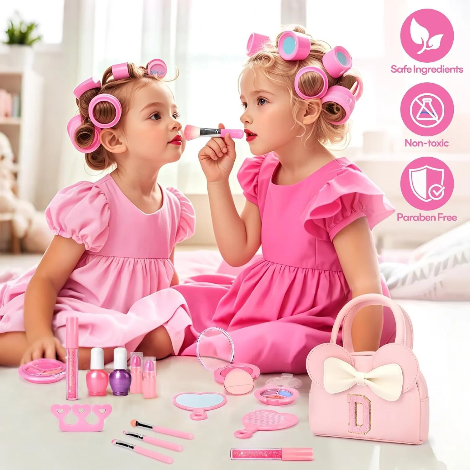 Kids Real Makeup Kit for Girls - 18Pcs Non-Toxic Washable Make Up Toys with Initial Toddler Purse - Personalized Birthday Gifts for Age 3 4 5 6 7 8 9 10 Years Old Girls Vanity Set - D