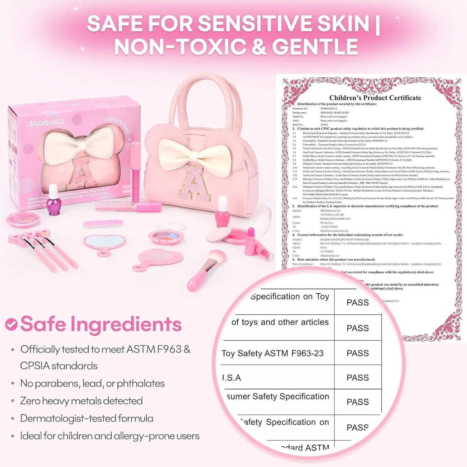 Kids Real Makeup Kit for Girls - 18Pcs Non-Toxic Washable Make Up Toys with Initial Toddler Purse - Personalized Birthday Gifts for Age 3 4 5 6 7 8 9 10 Years Old Girls Vanity Set - D