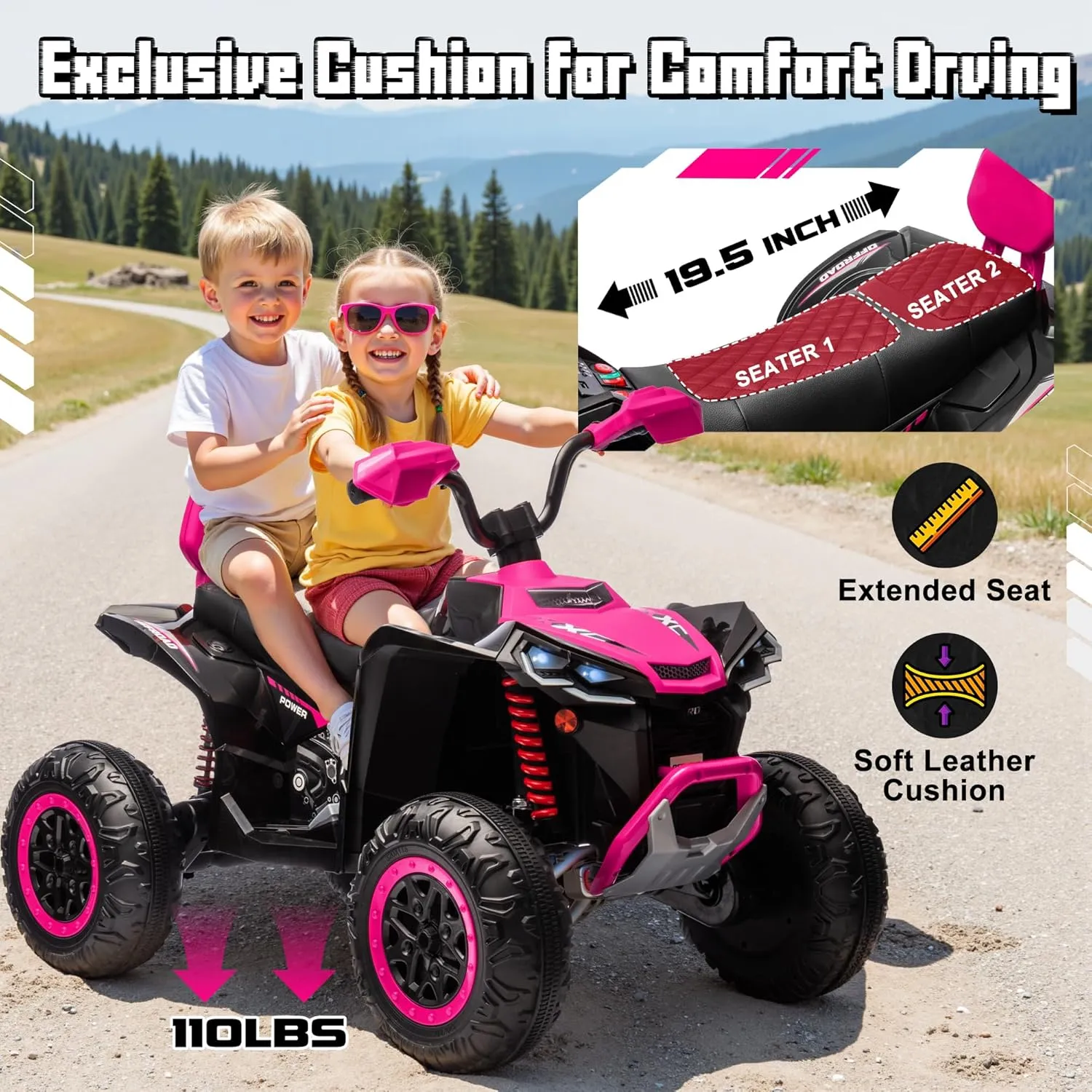 Kids Ride-On Electric ATV, 24V Battery Powered Kids Electric Vehicle 4-Wheeler Quad Car Toy w/Leather Cushion, Kneepads, 5.5mph Max Speed, 4 Spring Suspension, LED Headlights, Music