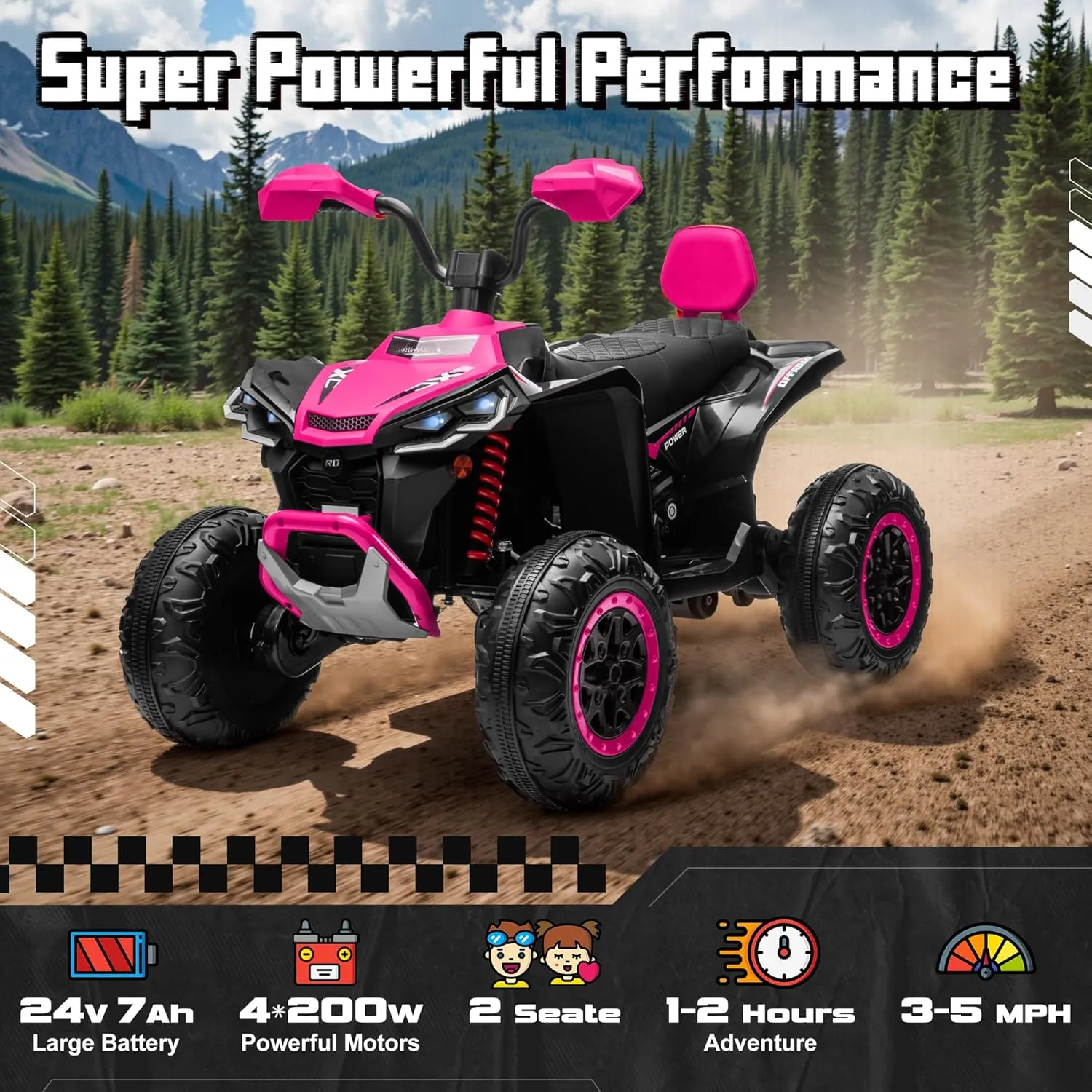Kids Ride-On Electric ATV, 24V Battery Powered Kids Electric Vehicle 4-Wheeler Quad Car Toy w/Leather Cushion, Kneepads, 5.5mph Max Speed, 4 Spring Suspension, LED Headlights, Music