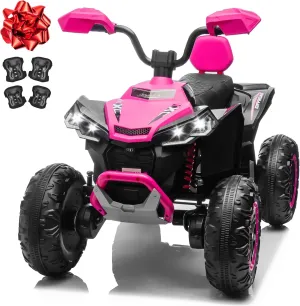Kids Ride-On Electric ATV, 24V Battery Powered Kids Electric Vehicle 4-Wheeler Quad Car Toy w/Leather Cushion, Kneepads, 5.5mph Max Speed, 4 Spring Suspension, LED Headlights, Music