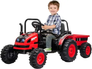 Kids Ride on Tractor with Tiltable Trailer 6 Wheels, 12V Battery Powered Electric Vehicle, Spring Suspension, Music LED Light, Gift for Boys and Girls, Red