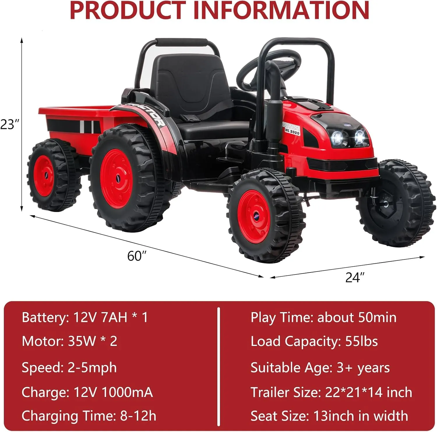 Kids Ride On Tractor with Trailer, 12V Battery Powered Electric Tractor with Remote Control, Music, USB, Led Lights, Audio, Safety Belt, 35W Dual Motors, Unload Button