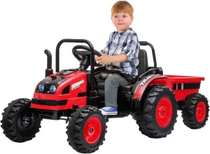 Kids Ride On Tractor with Trailer, 12V Battery Powered Electric Tractor with Remote Control, Music, USB, Led Lights, Audio, Safety Belt, 35W Dual Motors, Unload Button