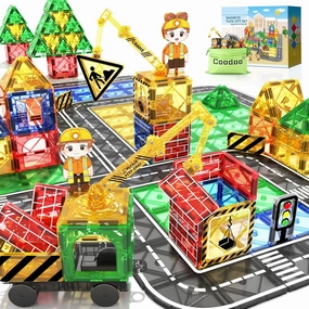 Kids Games Magnetic Tiles Road Set with Extendable Magnetic Crane, City Construction Building Toys for Toddlers STEM Preschool Ages 4-6 5-7, Gifts for 3  Year Old Boys Girls Kids Toys with Car