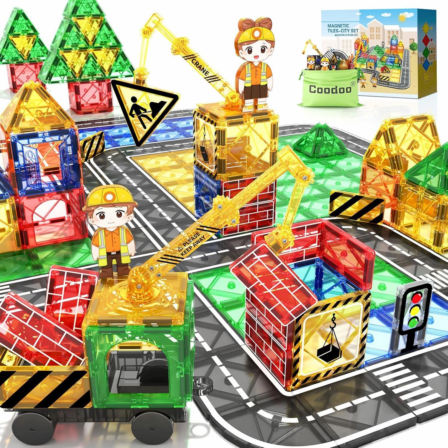 Kids Games Magnetic Tiles Road Set with Extendable Magnetic Crane, City Construction Building Toys for Toddlers STEM Preschool Ages 4-6 5-7, Gifts for 3  Year Old Boys Girls Kids Toys with Car