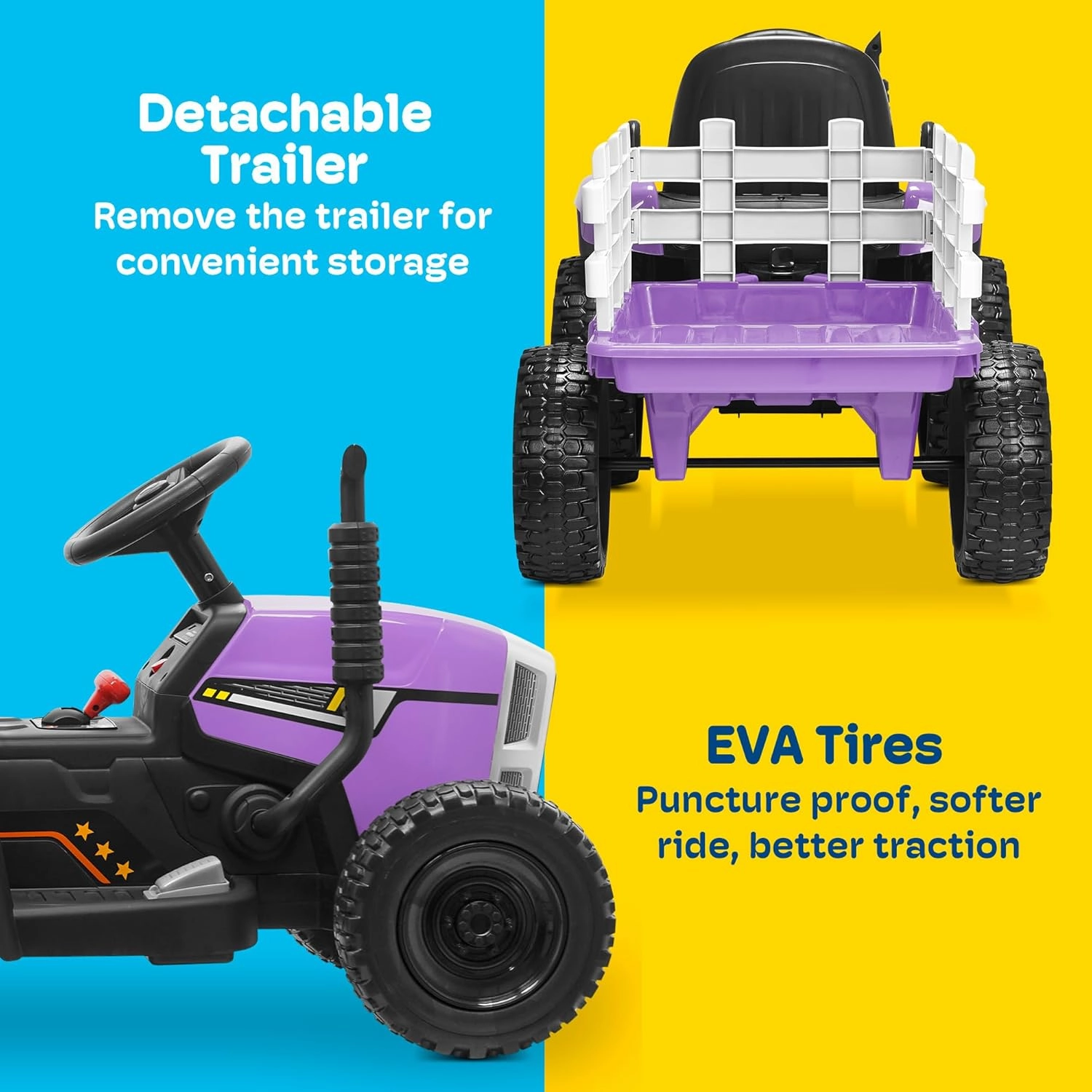 Kidzone 12V 7AH Premium Version w/EVA Treaded Tires Dual 35W Motors Boost Power Torque Remote Control Electric Tractor w/Trailer Toddler Ride On Toy 3-Gear-Shift, 7-LED Lights, MP3, Purple