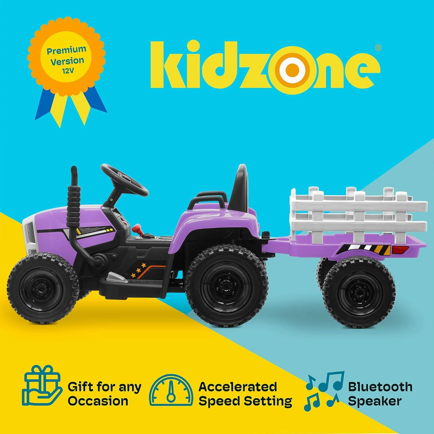Kidzone 12V 7AH Premium Version w/EVA Treaded Tires Dual 35W Motors Boost Power Torque Remote Control Electric Tractor w/Trailer Toddler Ride On Toy 3-Gear-Shift, 7-LED Lights, MP3, Purple