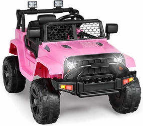 Kinder King 12V Kids Ride on Car Truck, Battery Powered Electric SUV w/ 2.4G Remote Control, Spring Suspension, 3 Speeds, 2 Motor, Double Open Doors, Music, Horn, LED Lights, Safety Belt, USB, Pink