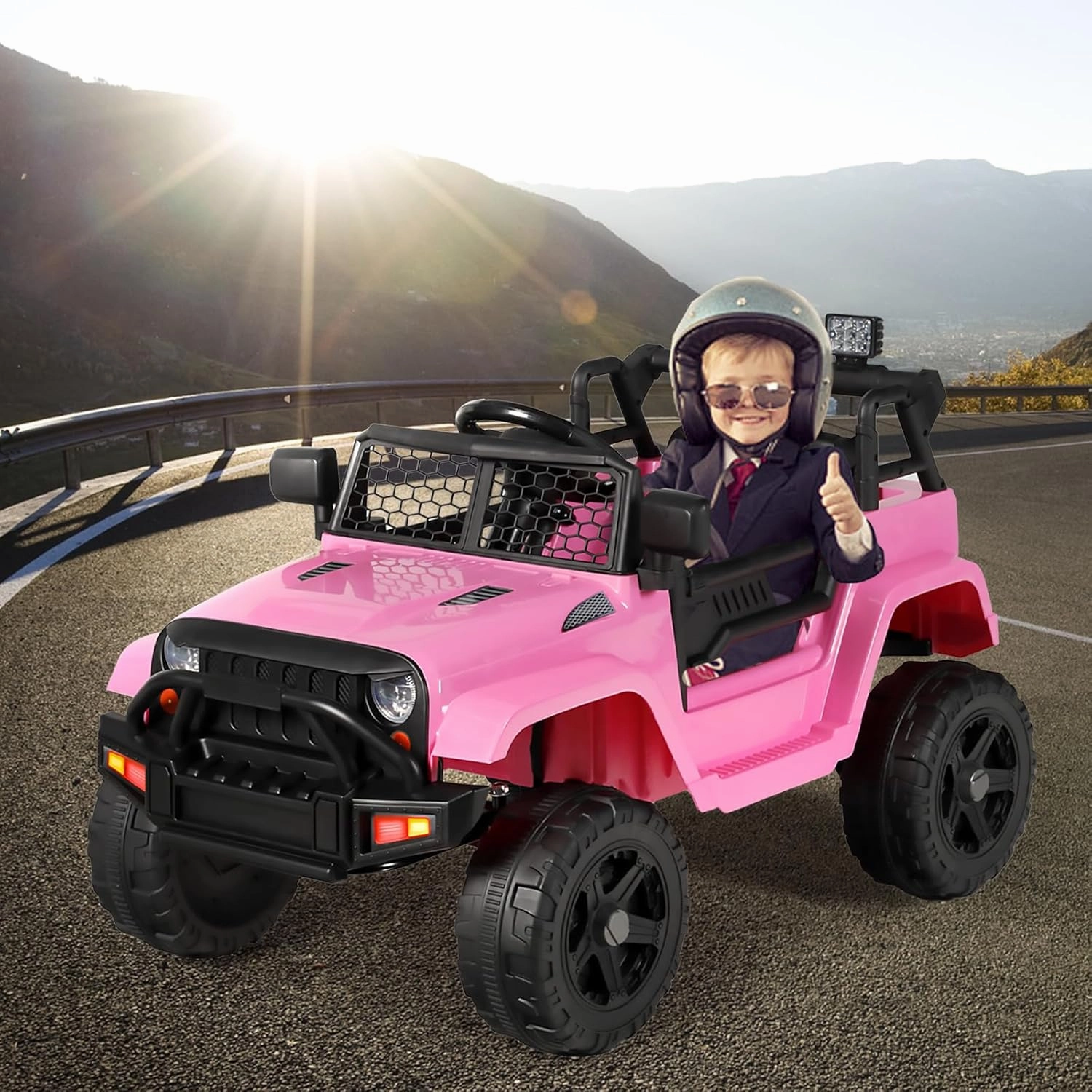 Kinder King 12V Kids Ride on Car Truck, Battery Powered Electric SUV w/ 2.4G Remote Control, Spring Suspension, 3 Speeds, 2 Motor, Double Open Doors, Music, Horn, LED Lights, Safety Belt, USB, Pink