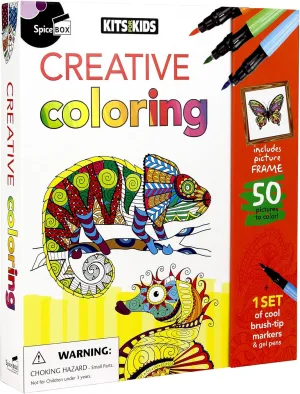 Kits For Kids: Creative Coloring - 50 Coloring Pages, 8 Bursh Tip Markers & 6 Gel Ink Pens, Included Frame, Coloring Activity Art Set, Kids Ages 8 
