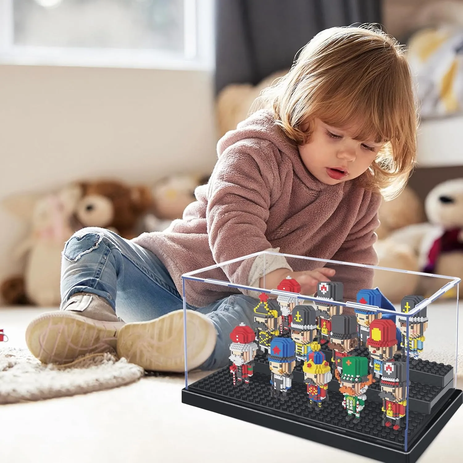 KKU Display Case for Minifigure Action Figures Blocks, Acrylic Minifigure Display Case Box Storage with 3 Movable Steps Gift for Kids Adults Black, 2 Pack