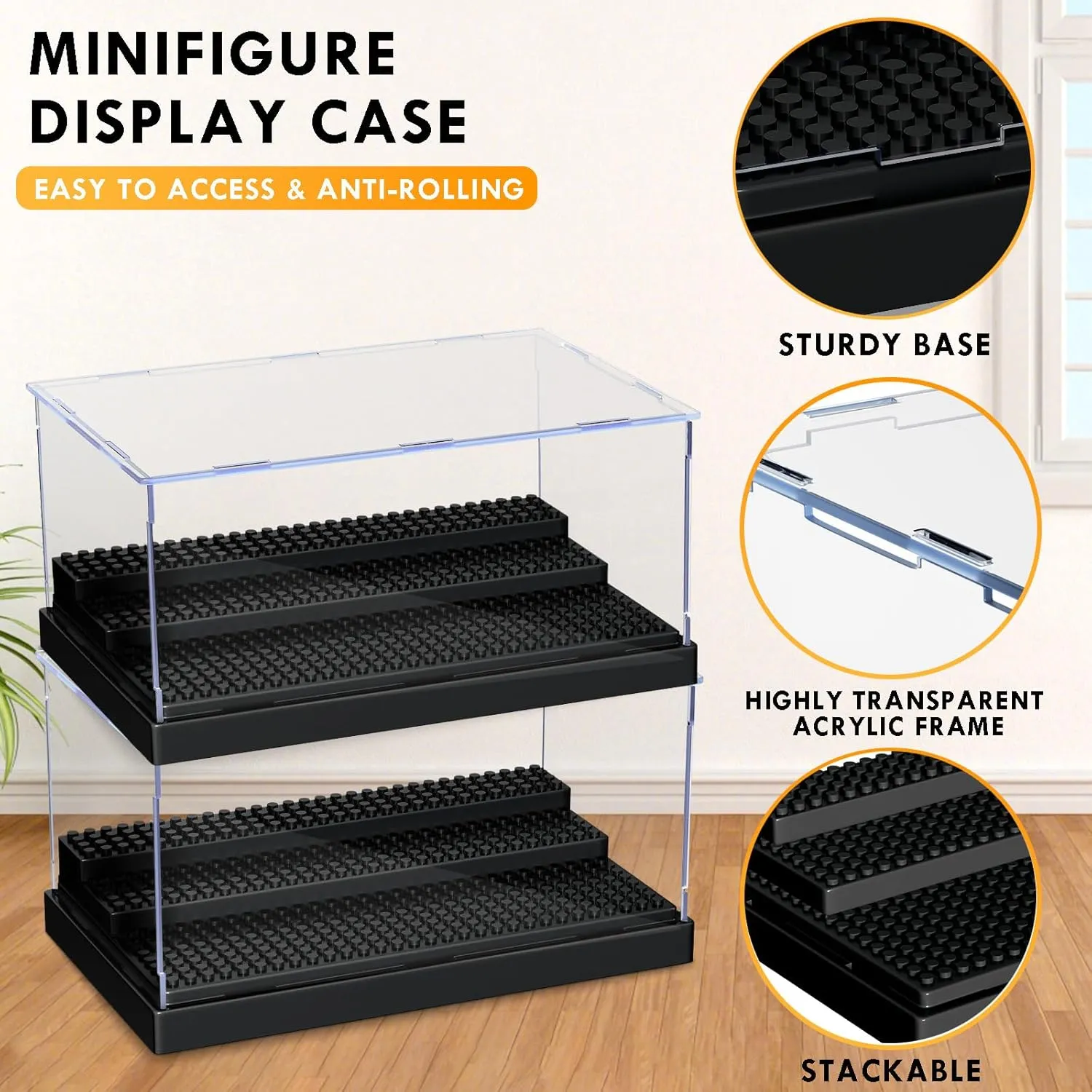 KKU Display Case for Minifigure Action Figures Blocks, Acrylic Minifigure Display Case Box Storage with 3 Movable Steps Gift for Kids Adults Black, 2 Pack