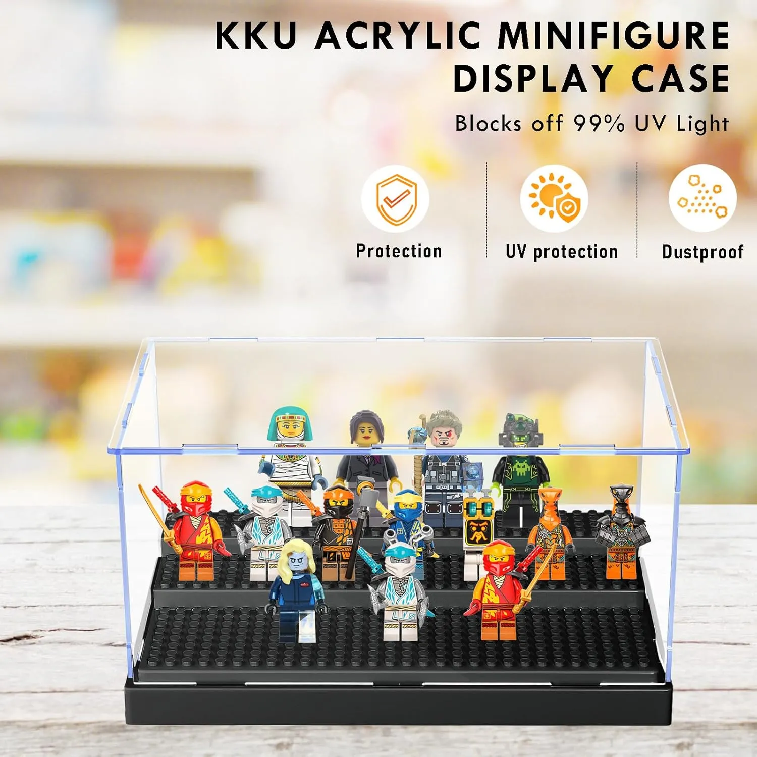KKU Display Case for Minifigure Action Figures Blocks, Acrylic Minifigure Display Case Box Storage with 3 Movable Steps Gift for Kids Adults Black, 2 Pack