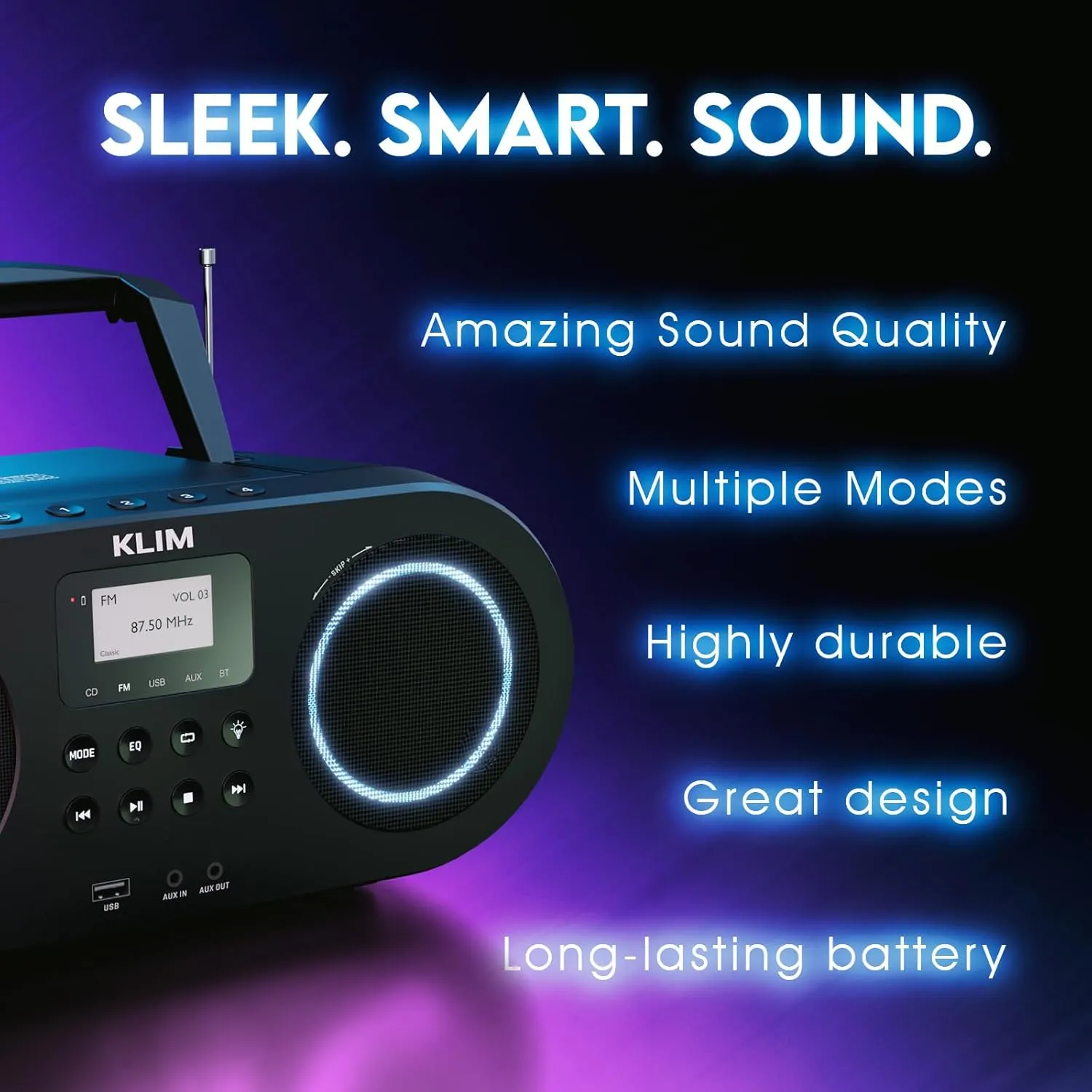 KLIM B5 CD Player Portable Boombox, FM Radio with CD Player Bluetooth USB MP3 AUX, Lighting Modes, Rechargeable Battery, Autosleep, Boombox with Digital EQ