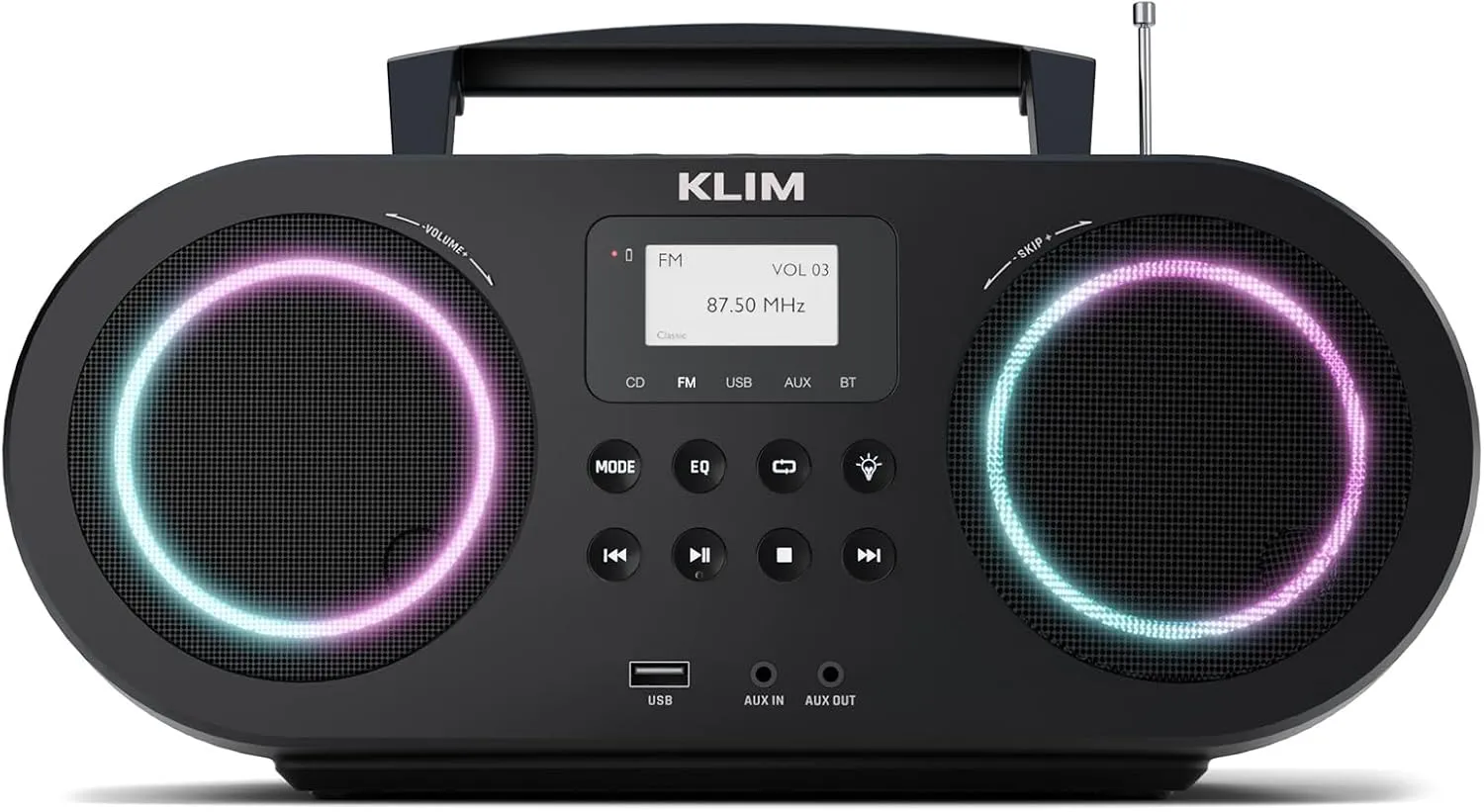 KLIM B5 CD Player Portable Boombox, FM Radio with CD Player Bluetooth USB MP3 AUX, Lighting Modes, Rechargeable Battery, Autosleep, Boombox with Digital EQ