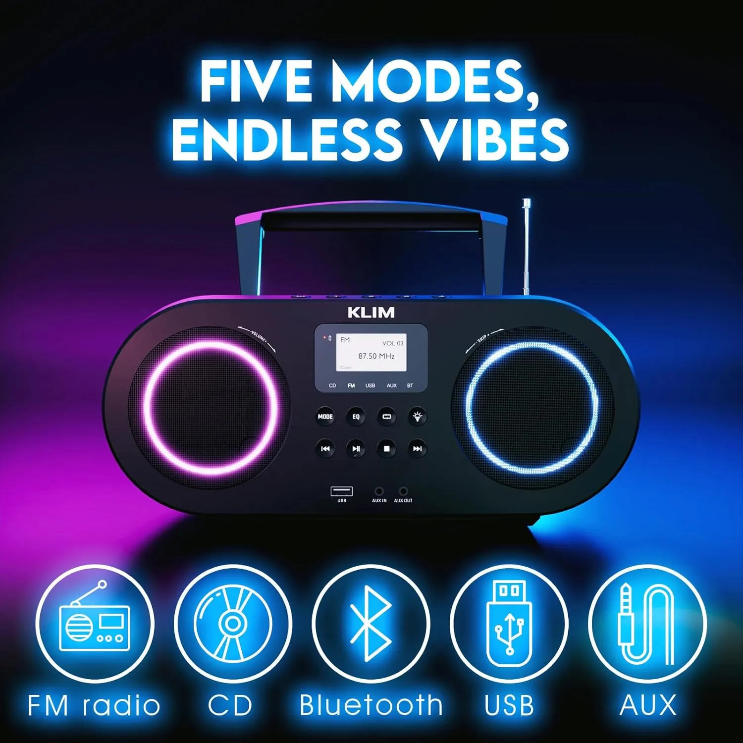KLIM B5 CD Player Portable Boombox, FM Radio with CD Player Bluetooth USB MP3 AUX, Lighting Modes, Rechargeable Battery, Autosleep, Boombox with Digital EQ