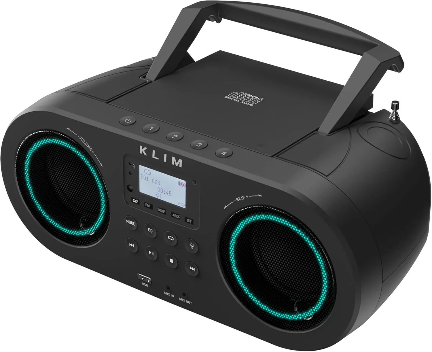 KLIM B5 CD Player Portable Boombox, FM Radio with CD Player Bluetooth USB MP3 AUX, Lighting Modes, Rechargeable Battery, Autosleep, Boombox with Digital EQ
