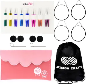 KnitPro Zing Mini Set 2 inch Circular Knitting Needles Size 2.5, 4, 5, 6, 7, 8, 9, 10 Interchangeable, 4 Cables, 4 Caps, 2 Keys, Fabric Case with Project Bag