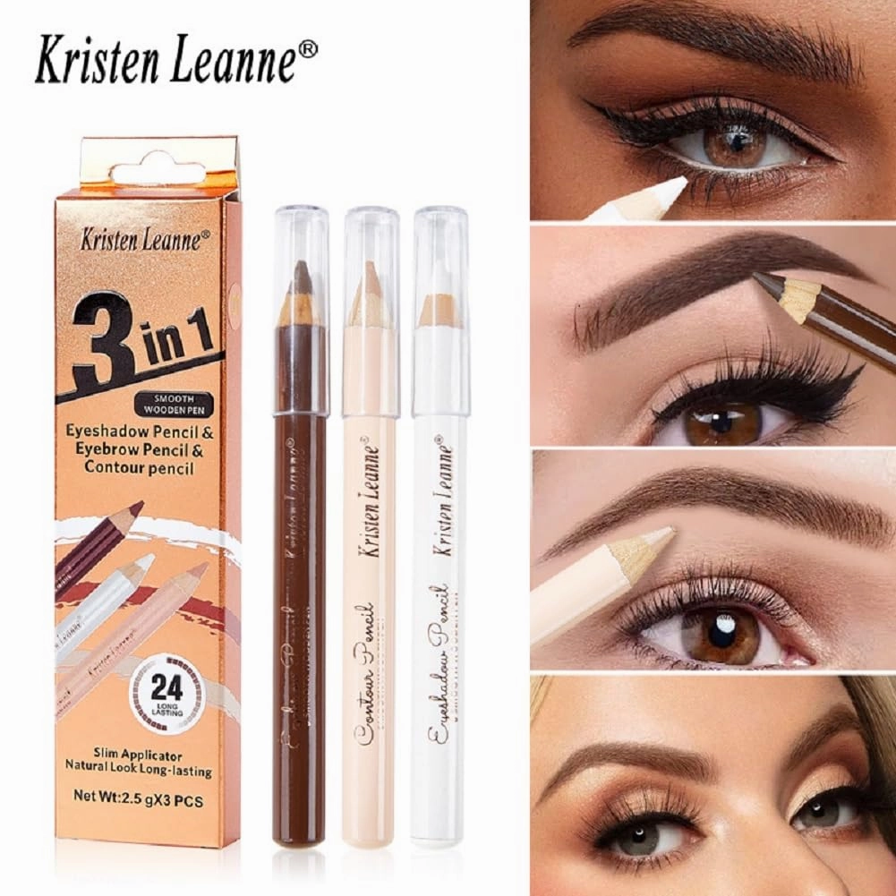 Kristen Leanne 3-Color Eyeliner and Eyebrow Pencil Set, 3 Pieces, Waterproof, Sweat Proof (02#DARK BROWN)