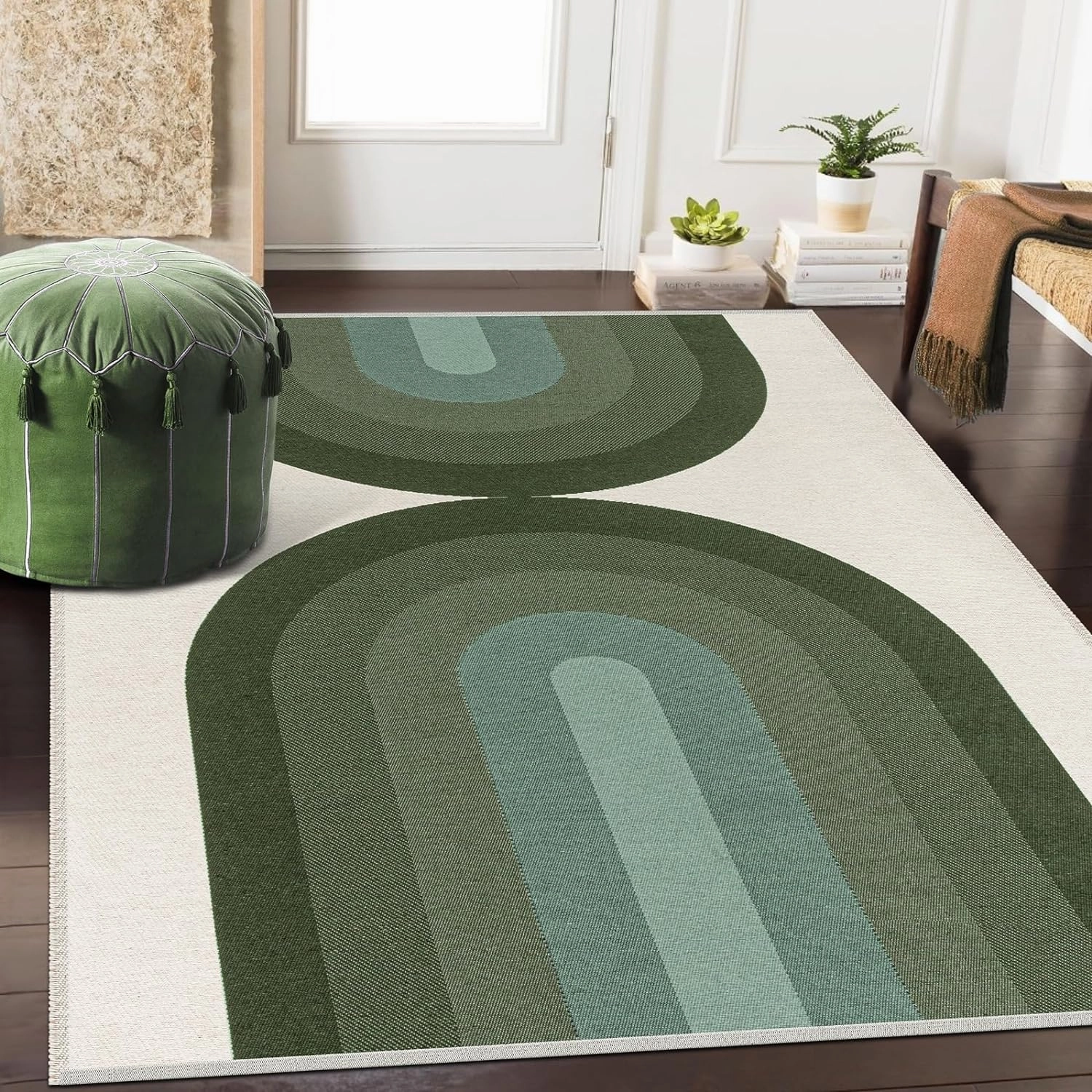 Lahome Boho Green Rugs for Living Room, Ultra-Thin 5x7 Washable Woven Rugs for Bedroom Nursery, Cotton Reversible Rainbow Rug for Playroom Classroom Dining Room (5'x7', Green)