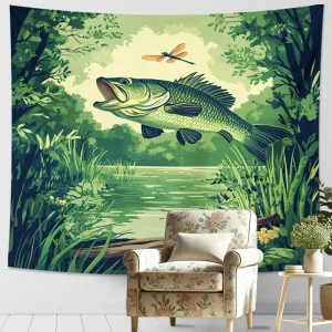 Lakeside Bass Fishing Tapestry, Green Nature Wall Hanging, Outdoor Adventure Decor for Living Room, Bedroom, Aesthetic Home Decoration 60x50 Inch