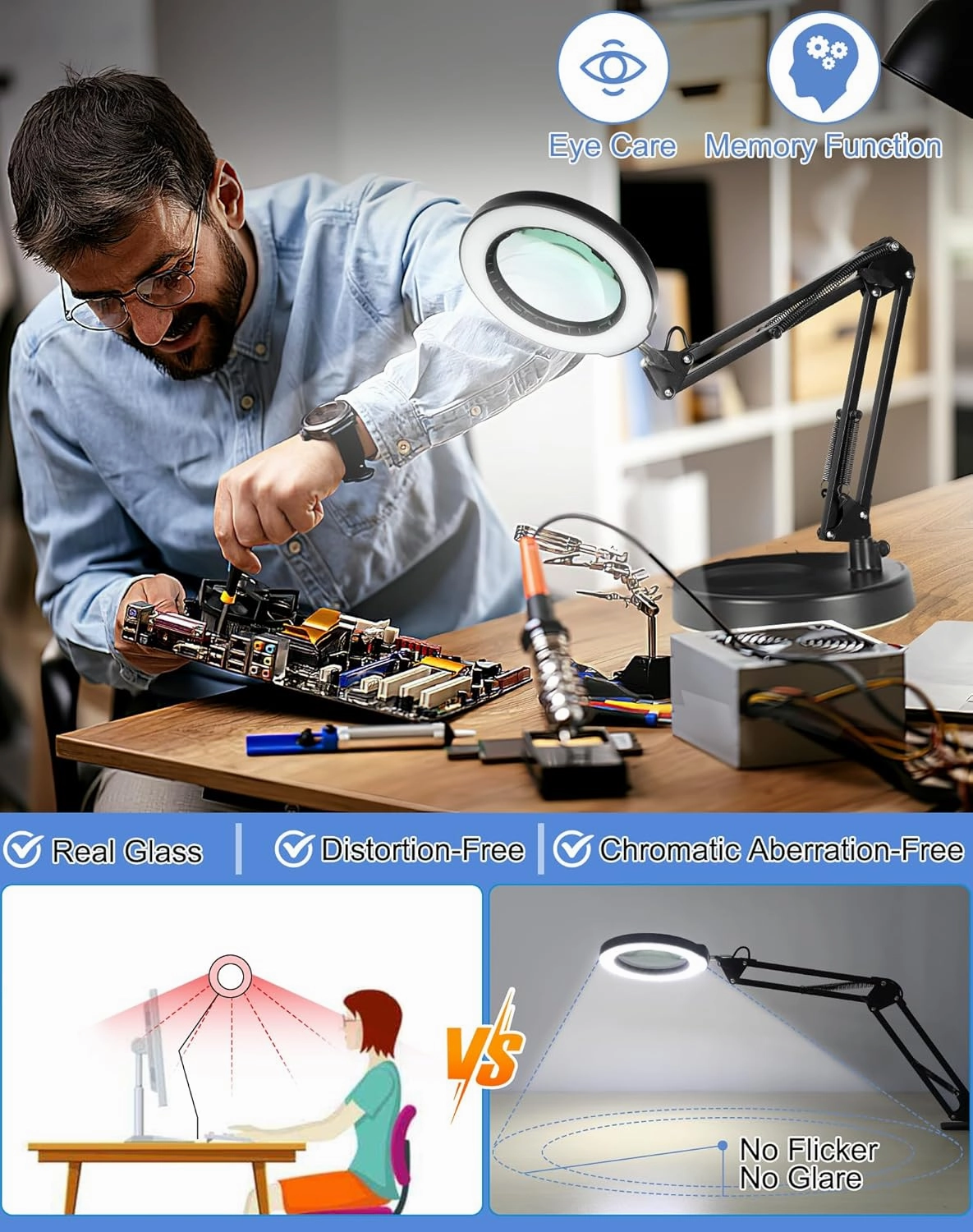 LANCOSC 10X Magnifying Glass with Light and Stand, 5 Color Modes Stepless Dimming LED Desk Lighted Magnifier, Adjustable Swing Arm Hands Free Magnifying Lamp for Craft Reading Soldering Close Work