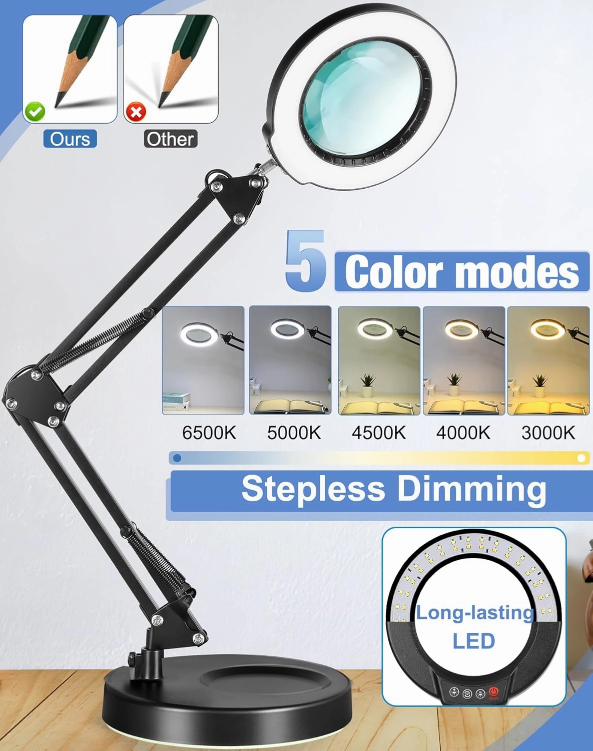 LANCOSC 10X Magnifying Glass with Light and Stand, 5 Color Modes Stepless Dimming LED Desk Lighted Magnifier, Adjustable Swing Arm Hands Free Magnifying Lamp for Craft Reading Soldering Close Work