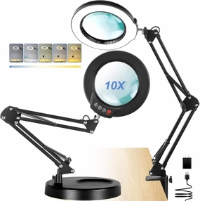 LANCOSC 10X Magnifying Glass with Light and Stand, 5 Color Modes Stepless Dimming LED Desk Lighted Magnifier, Adjustable Swing Arm Hands Free Magnifying Lamp for Craft Reading Soldering Close Work