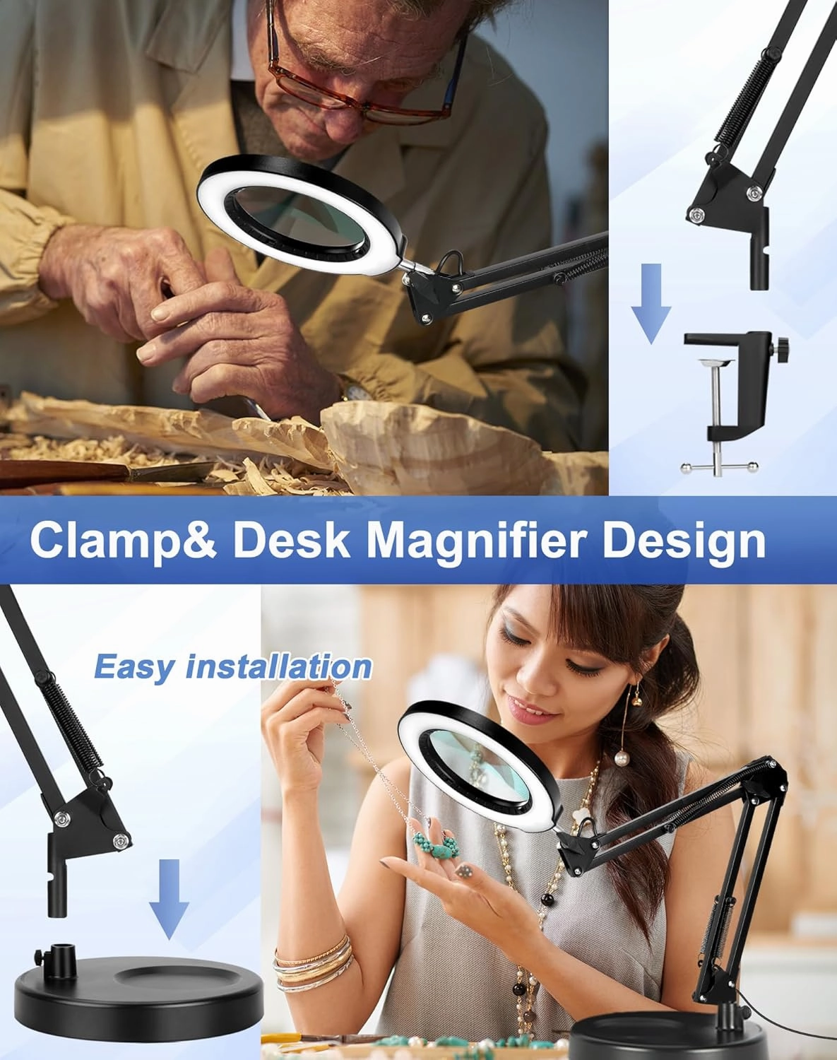 LANCOSC 10X Magnifying Glass with Light and Stand, 5 Color Modes Stepless Dimming LED Desk Lighted Magnifier, Adjustable Swing Arm Hands Free Magnifying Lamp for Craft Reading Soldering Close Work
