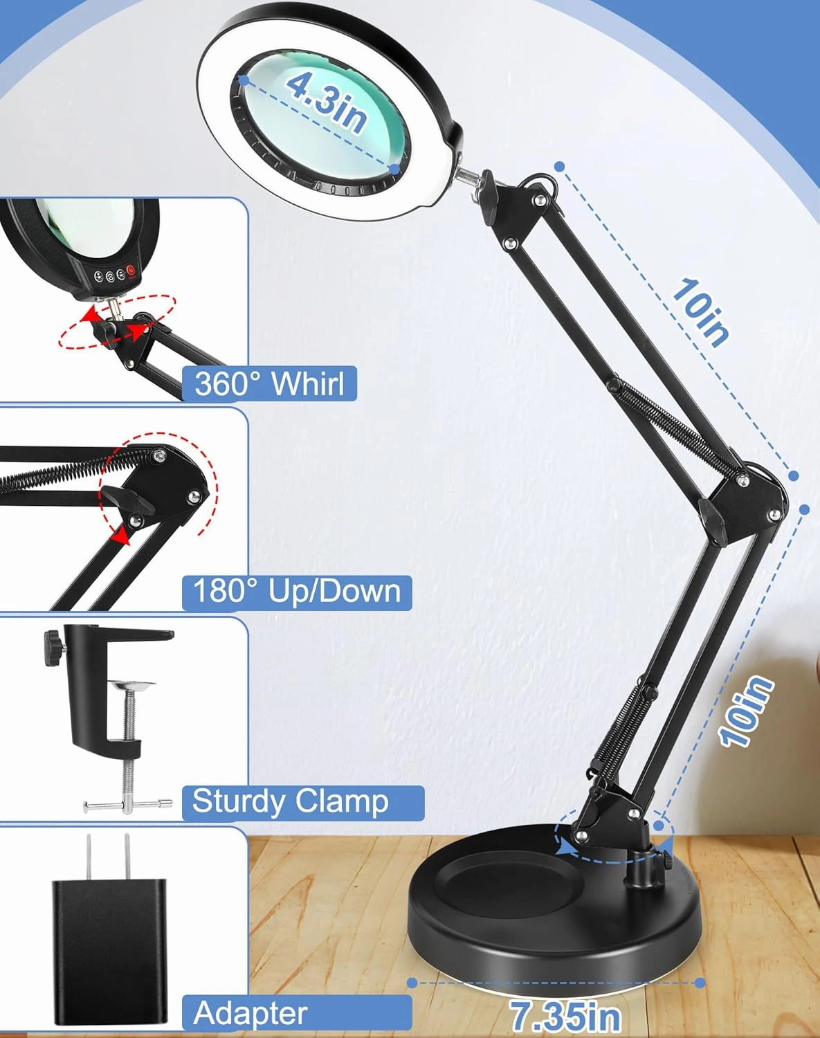 LANCOSC 10X Magnifying Glass with Light and Stand, 5 Color Modes Stepless Dimming LED Desk Lighted Magnifier, Adjustable Swing Arm Hands Free Magnifying Lamp for Craft Reading Soldering Close Work