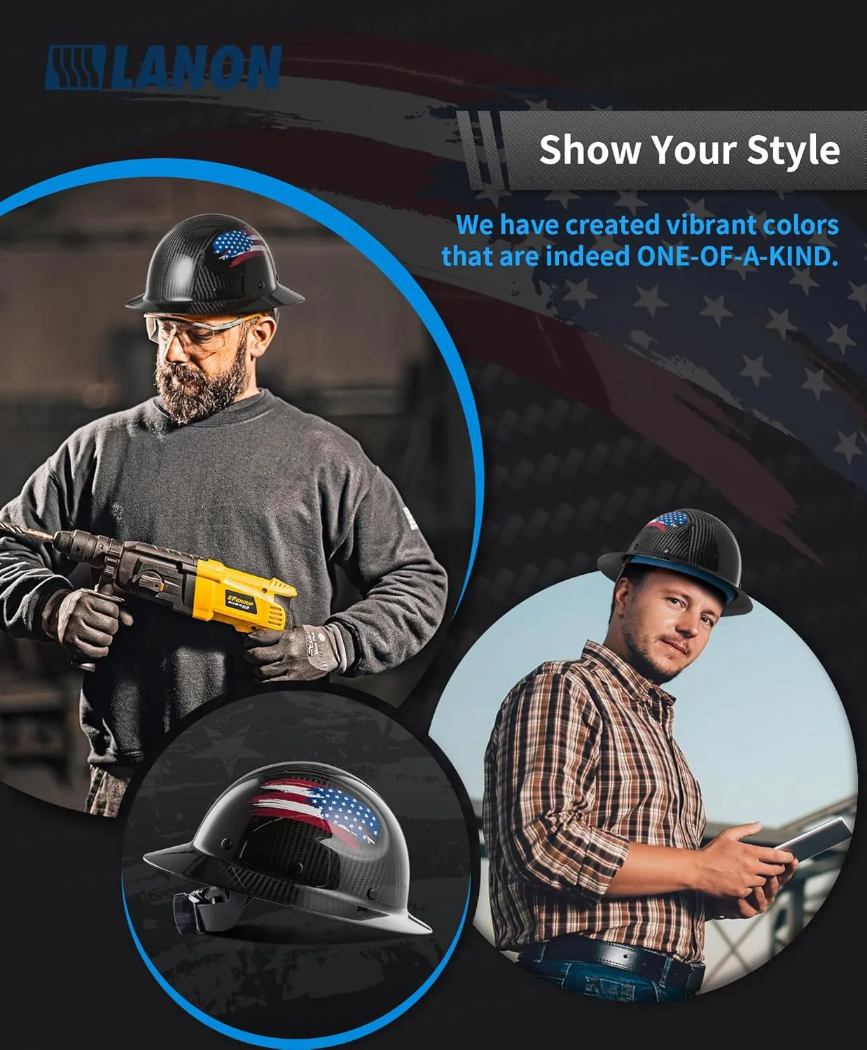 LANON Carbon Fiber Full Brim Hard Hat, OSHA Construction Work Approved, American Flag Design, Lightweight Durable Safety Helmet with 6 Point Adjustable Ratchet Suspension, Class C