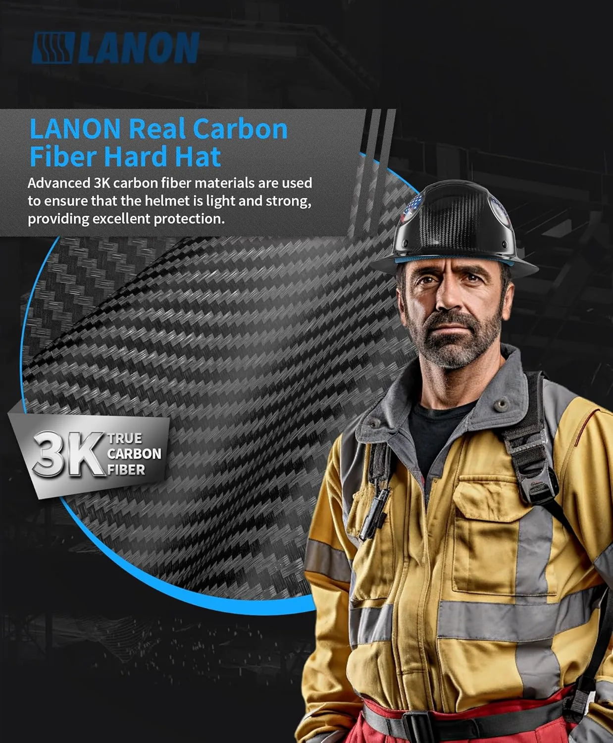 LANON Carbon Fiber Full Brim Hard Hat, OSHA Construction Work Approved, American Flag Design, Lightweight Durable Safety Helmet with 6 Point Adjustable Ratchet Suspension, Class C