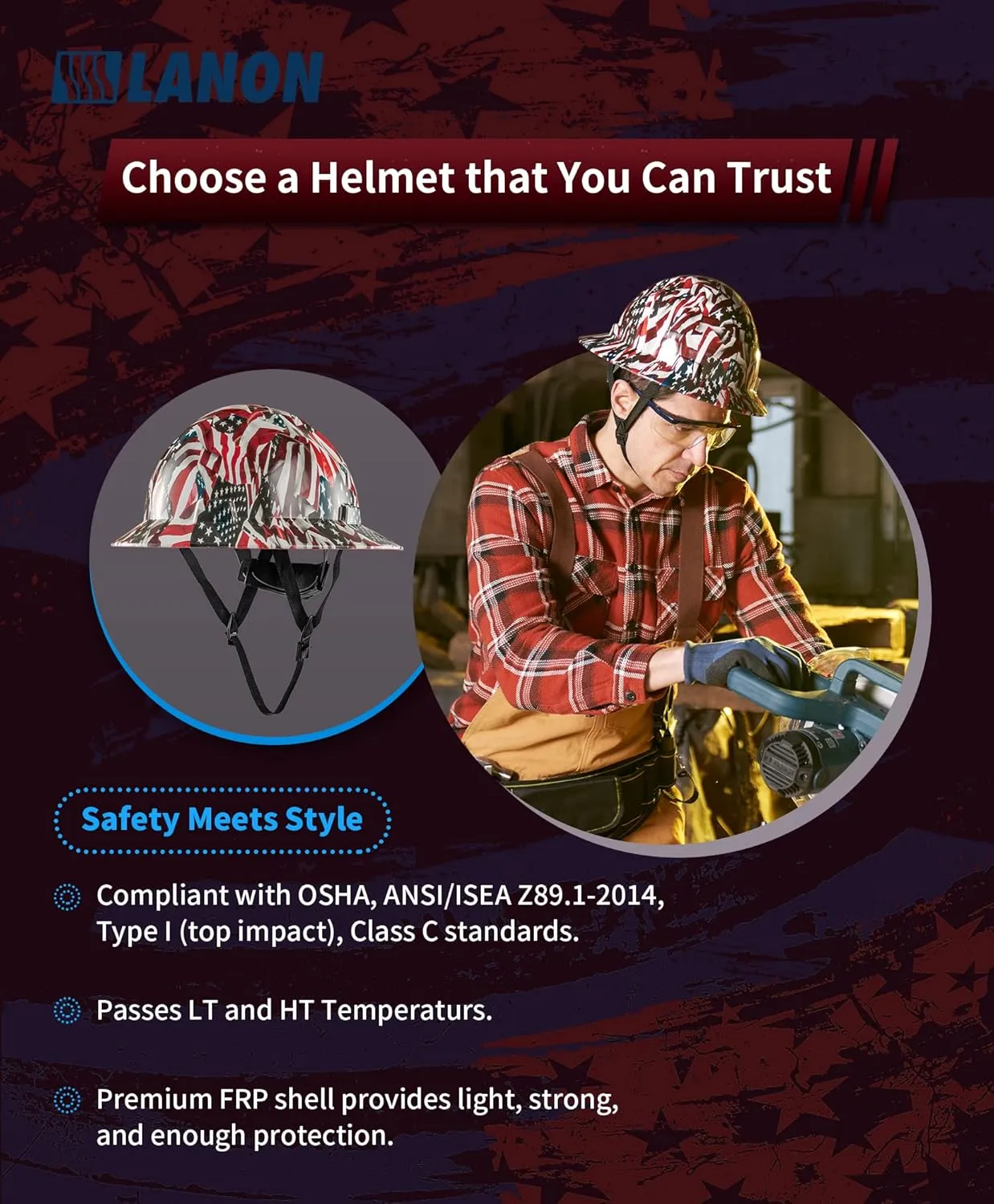LANON Full Brim Hard Hat, OSHA Construction Work Approved, Premium American Flag Design, FRP Safety Helmet with 4 Point Adjustable Ratchet Suspension, Class C