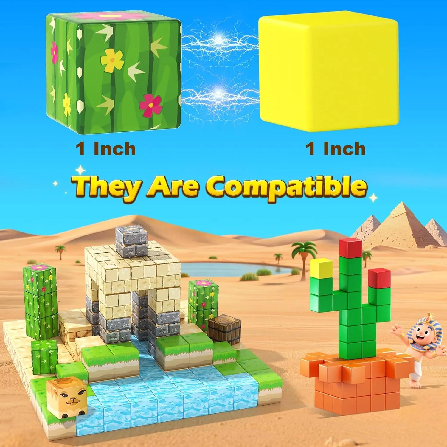Large Magnetic Blocks Kids Toys, Sensory Learning Toys, Mine Magworld Building Craft, Desert Construction Set, 1“ Magnetic Building Cubes, Game Gift for 3  Year Old Boys Girls