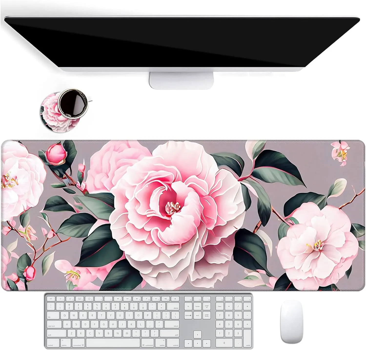 Large Mouse Pad for Desk Coaster, Extended XL Mouse Pad 31.5x11.8 in, Mouse Pads Large with Stitched Edge, Desk Mat Keyboard Pad Non Slip Base Multi Purpose Desk Pad - Flower