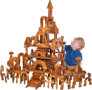 Large Vintage Solid Carbonized Wooden Building Blocks Set for Kids 3-12 Outdoor(57pcs,10.7 lbs), Big Sensory Wood Building Toys for Toddlers, Outside Wooden Blocks for Preschool