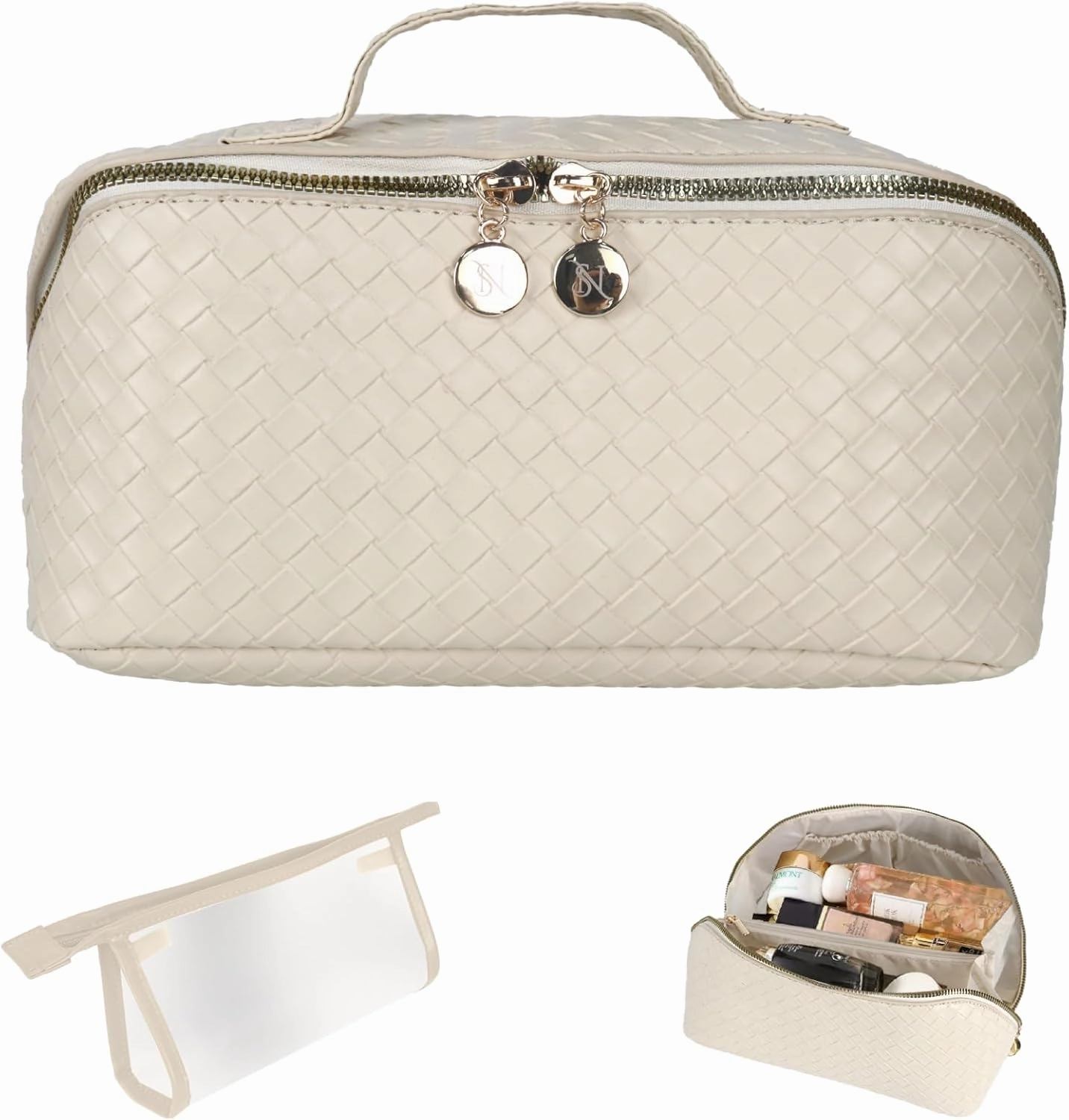 Large Capacity Travel Makeup Bag Organizer Makeup Bag Set – Includes Transparent Pouch & Dust Bag PU Leather Cosmetic Bag Toiletry Bag for Women With Dividers, Handle Portable Design (Beige)