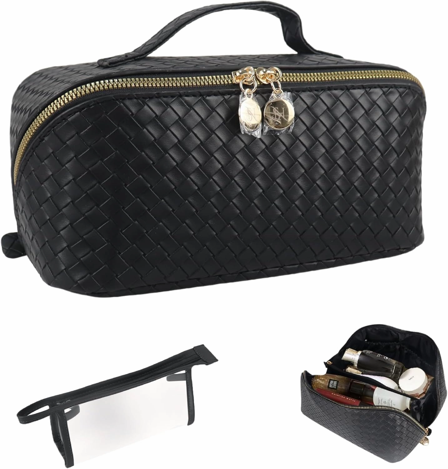 Large Capacity Travel Makeup Bag Organizer Makeup Bag Set – Includes Transparent Pouch & Dust Bag PU Leather Cosmetic Bag Toiletry Bag for Women With Dividers, Handle Portable Design (Checkered Black)